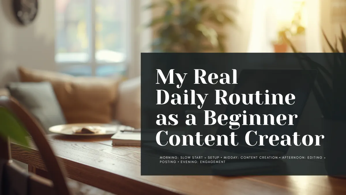 My real daily routine as a beginner content creator graphic with cozy home workspace background
