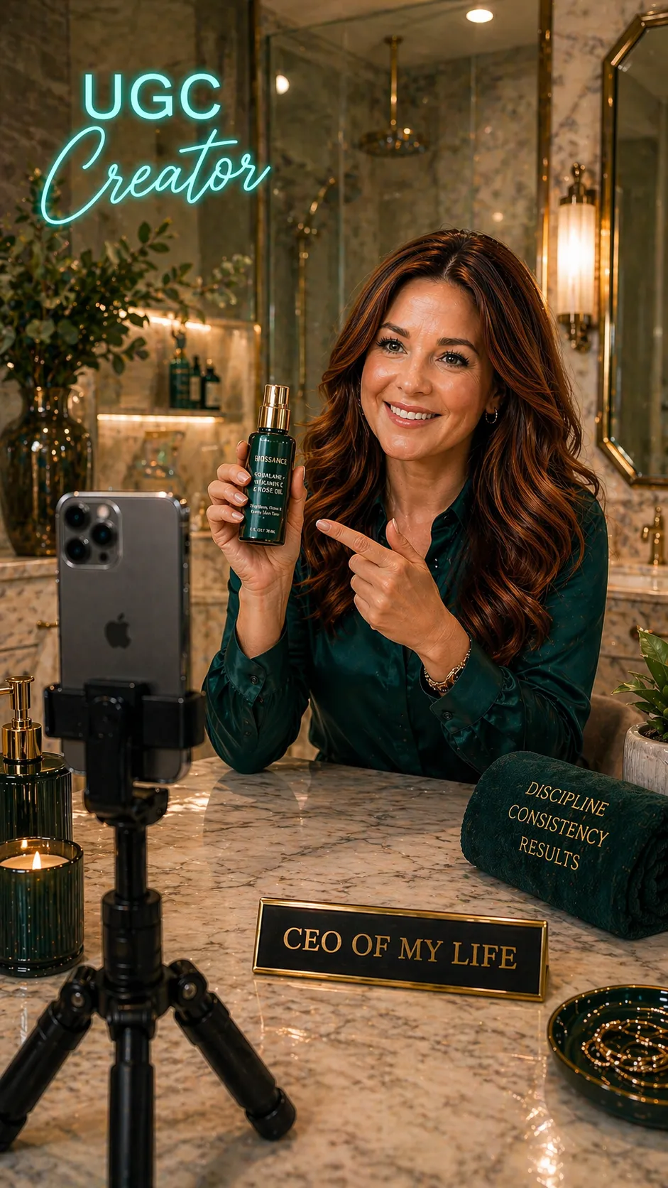 UGC creator filming skincare product review with smartphone on tripod in luxury bathroom