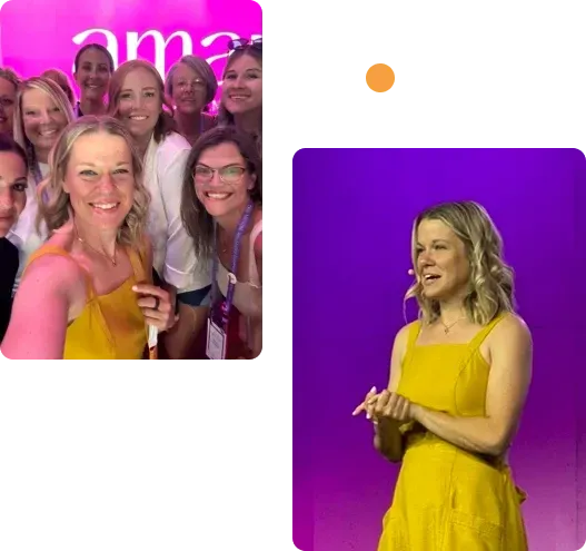 A collage featuring two images of a blonde woman in a yellow dress at a professional event. In the first image, she is taking a selfie with a group of smiling women in front of a pink-lit backdrop with partially visible text. In the second image, she is on stage delivering a speech, wearing a headset microphone, with a confident and engaging expression against a vibrant purple background.