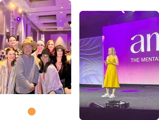 A collage featuring two images from a professional event. The left image shows a group of smiling people in a large conference hall, dressed in stylish and casual attire, with one man wearing a cowboy hat. The right image captures a blonde woman in a yellow dress on stage, delivering a speech in front of a large illuminated backdrop with the word "ama" partially visible. She wears white sneakers, and the stage lighting gives a dynamic and engaging atmosphere.