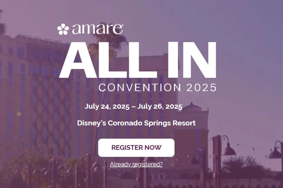 A promotional graphic for the "Amare ALL IN Convention 2025" featuring a background image of Disney's Coronado Springs Resort. The event is scheduled for July 24-26, 2025. The text is prominently displayed in white, with a "REGISTER NOW" button in the center, inviting attendees to sign up. The design has a professional and engaging feel, emphasizing the convention’s theme and location.