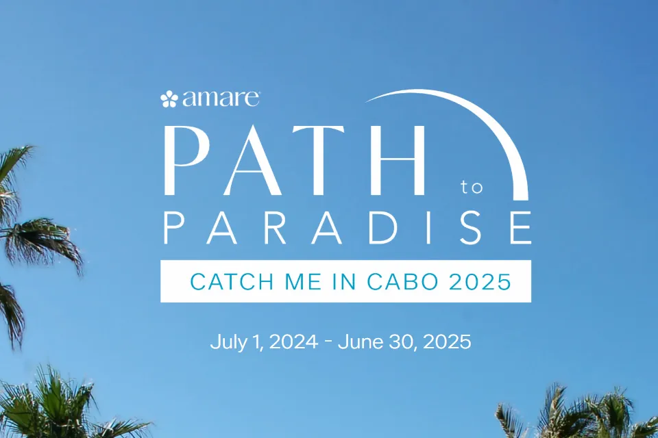  A promotional graphic for the "Amare Path to Paradise" incentive trip to Cabo in 2025. The design features a clear blue sky with palm trees in the corners, evoking a tropical paradise. The text highlights the event's tagline, "Catch Me in Cabo 2025," and specifies the qualification period from July 1, 2024, to June 30, 2025. The sleek and minimalistic design emphasizes luxury and travel rewards.