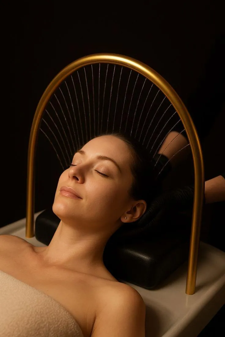 Client experiencing deep relaxation during Nourishing Head Spa treatment