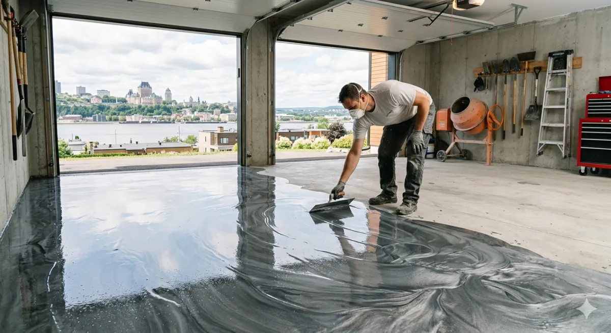 Application de plancher d’époxy dans un garage résidentiel à Québec