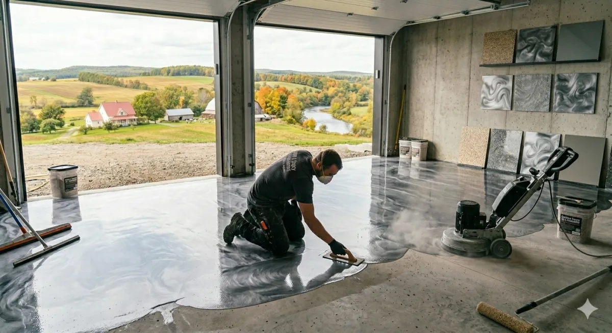 Application de plancher d’époxy dans un garage résidentiel à Québec