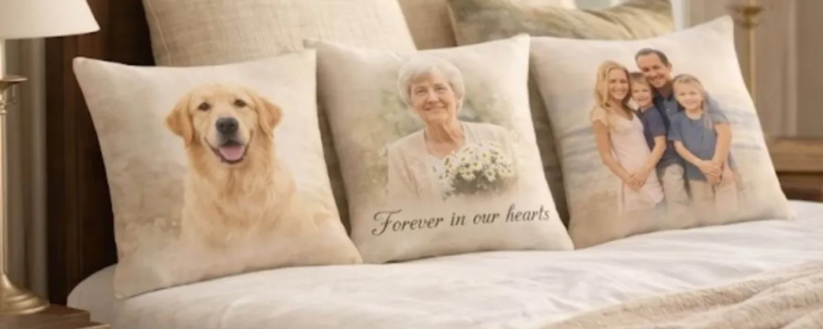 Boutique memorial and pet photo pillows created from treasured family memories and beloved companions