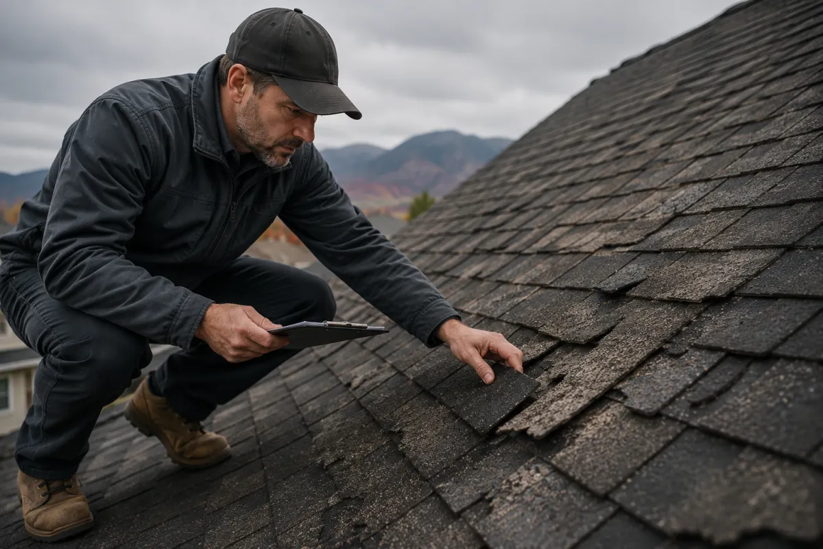 A roofer inspecting a shingle roof to assess repair versus replacement
