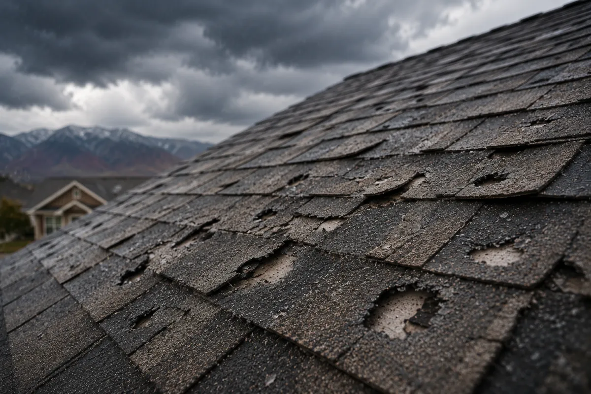 Hail and storm damage on a residential roof in Utah