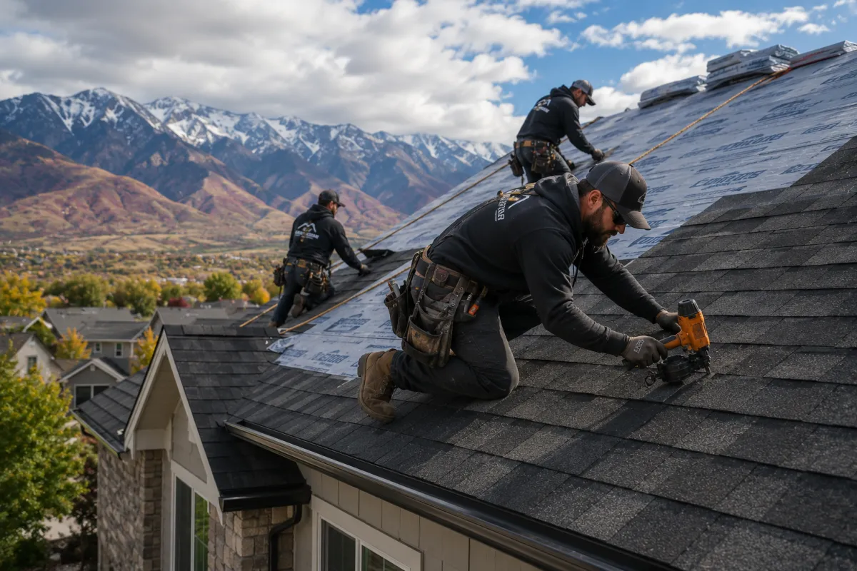 A professional roofing crew working on a Utah home