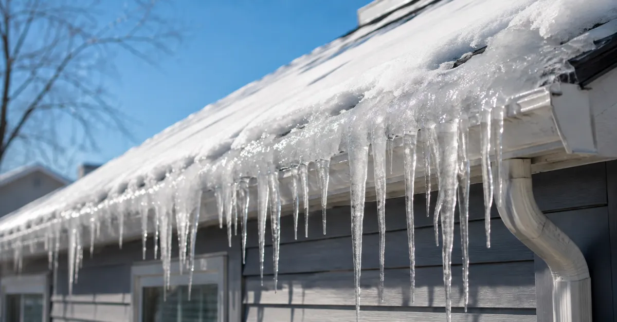 Icicles and ice built up along the edge of a snowy roof, showing an ice dam