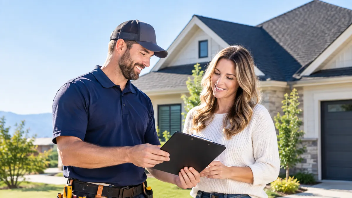 A homeowner reviewing a roof warranty document with a contractor