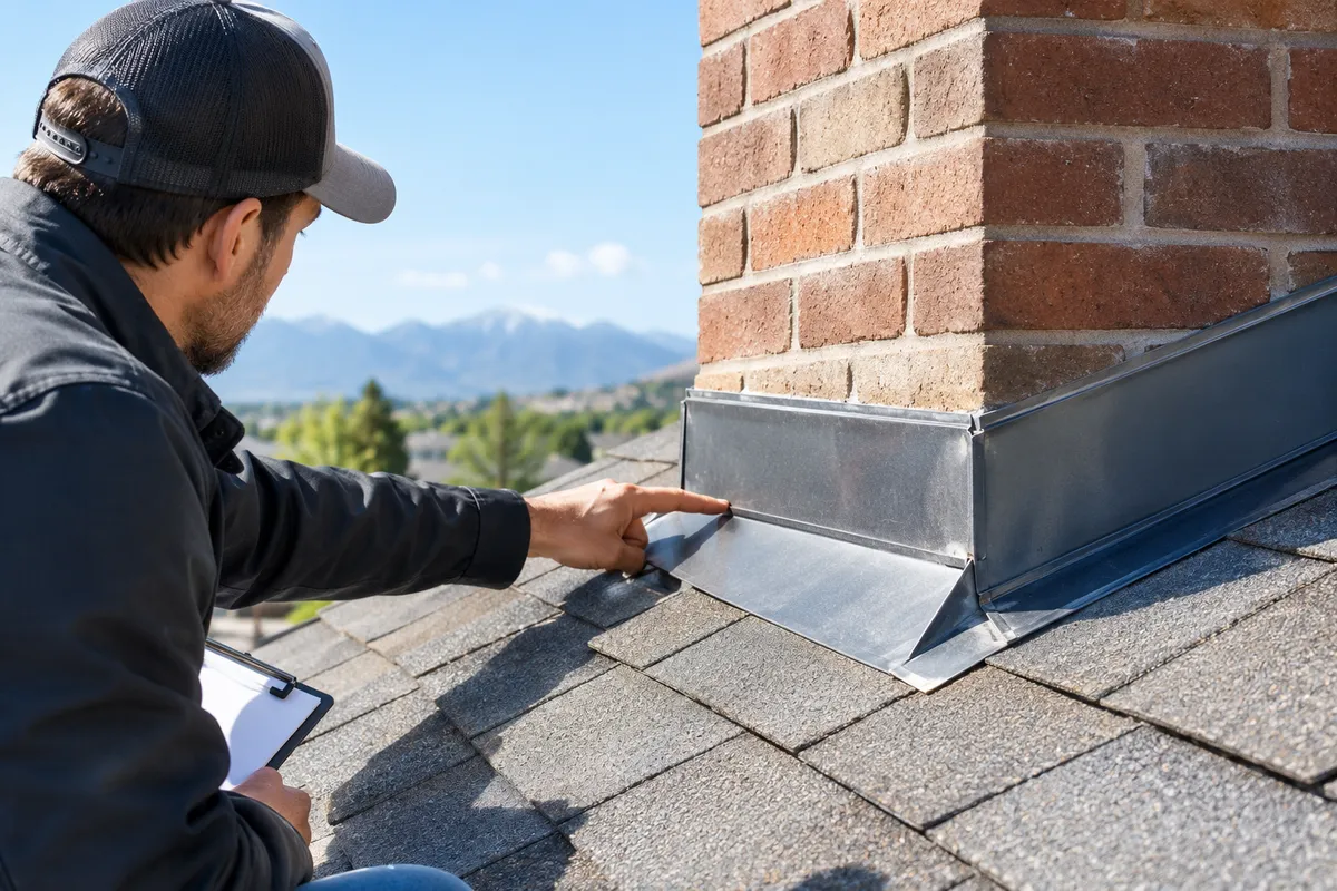 Roof flashing around a chimney, a common source of roof leaks