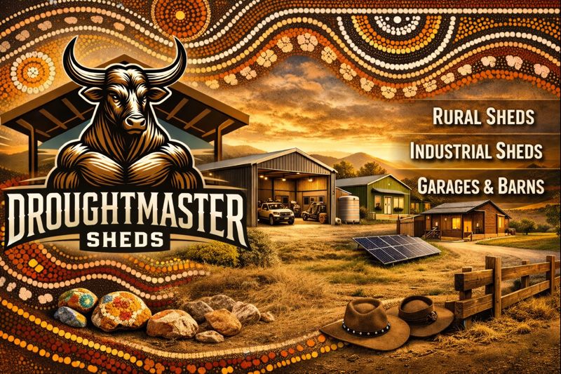 Droughtmaster Sheds — proudly Indigenous-owned Australian shed builder, with Aboriginal artwork and rural sheds, garages and barns
