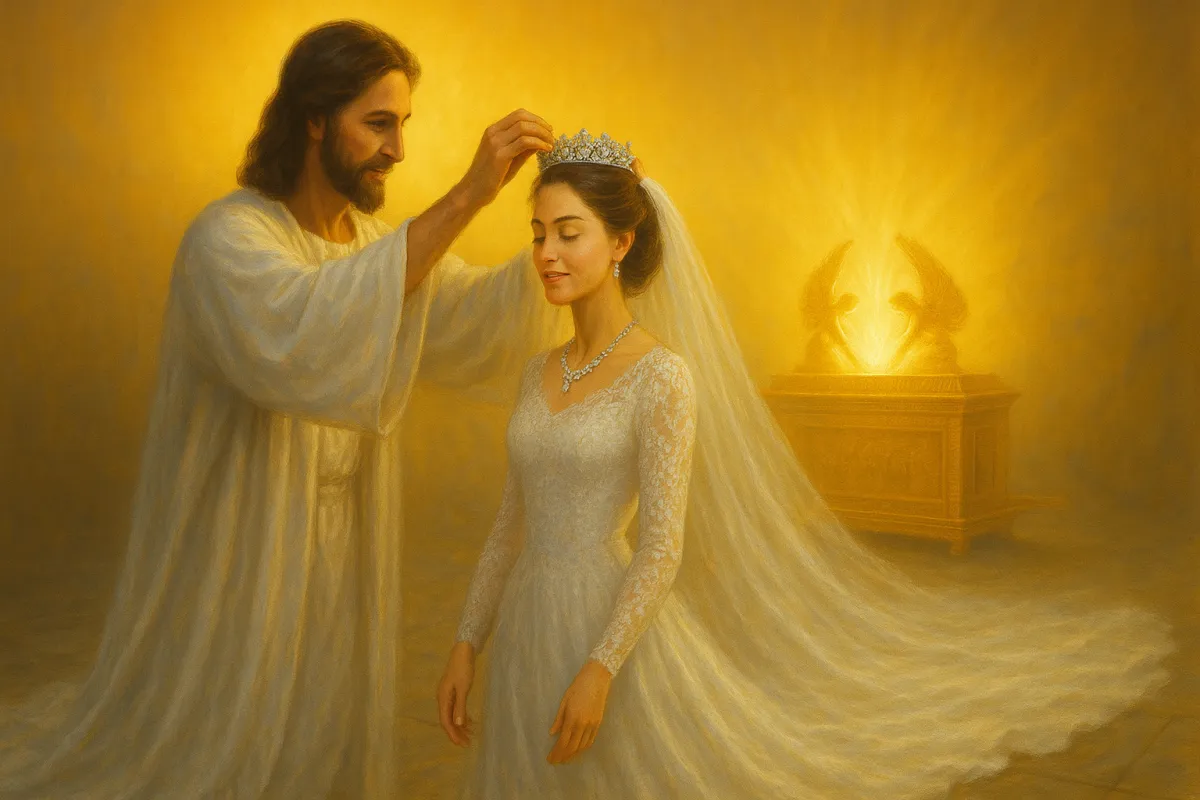 Jesus in Most Holy Place of sanctuary placing crown on His Bride n wedding attire. 