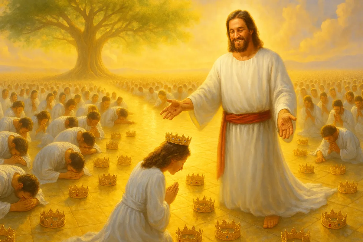 Jesus surrounded by saints who have remove their crowns and tossed at His feet so He gets all the glory