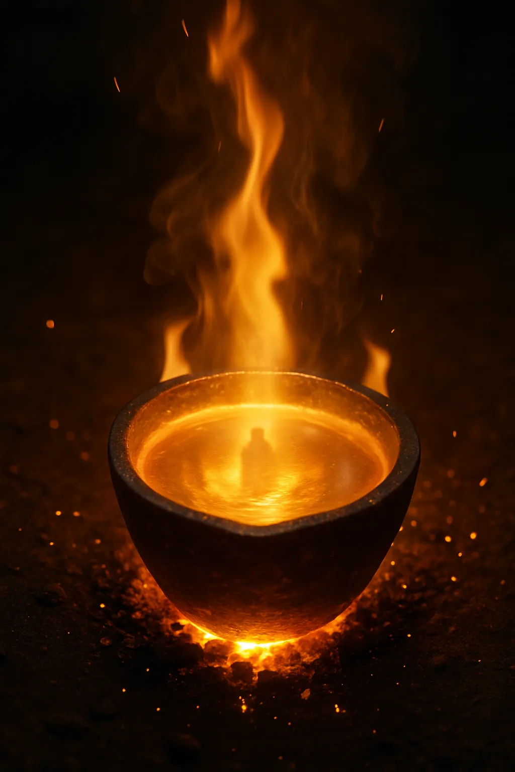 Molten Gold being refined with reflection of Jesus in the midst