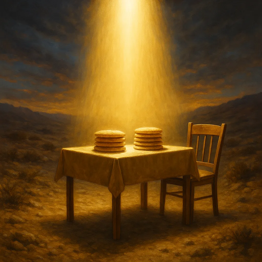 Table prepared with shewbread and an inviting open seat at the table to dine with the Divine