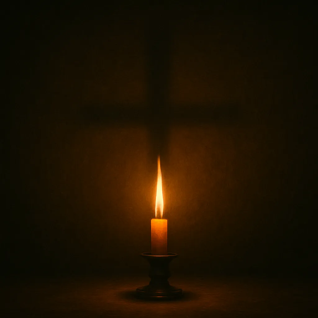 A lit candlestick making a shadow in the shape of the cross of Jesus