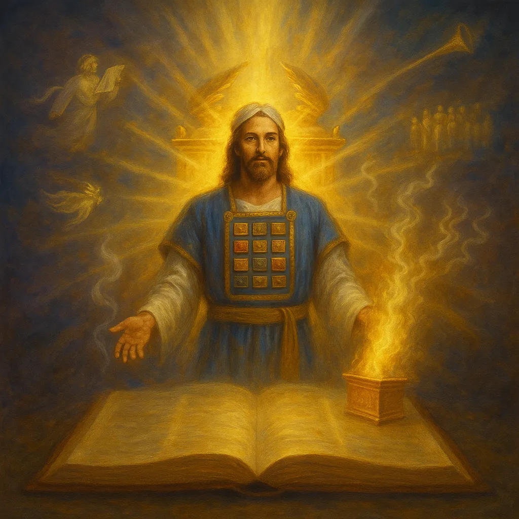Jesus as High Priest surrounded by elements of sanctuary in front of open Bible depicting the sanctuary is key to Bible understanding
