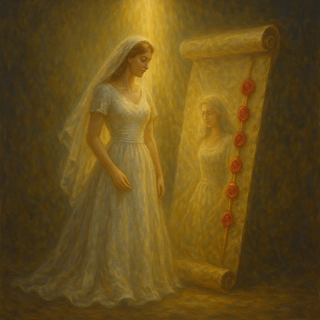 Bride seeing her reflection in scroll with seals depicting Rev 5 imagery