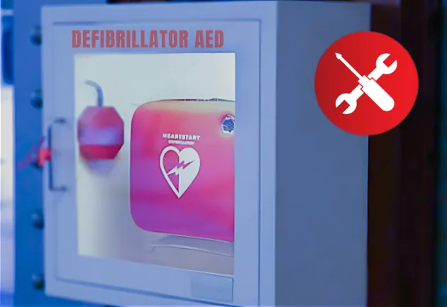 Pihilips OnSite AED in a cabinet with a maintenance logo in the top right corner