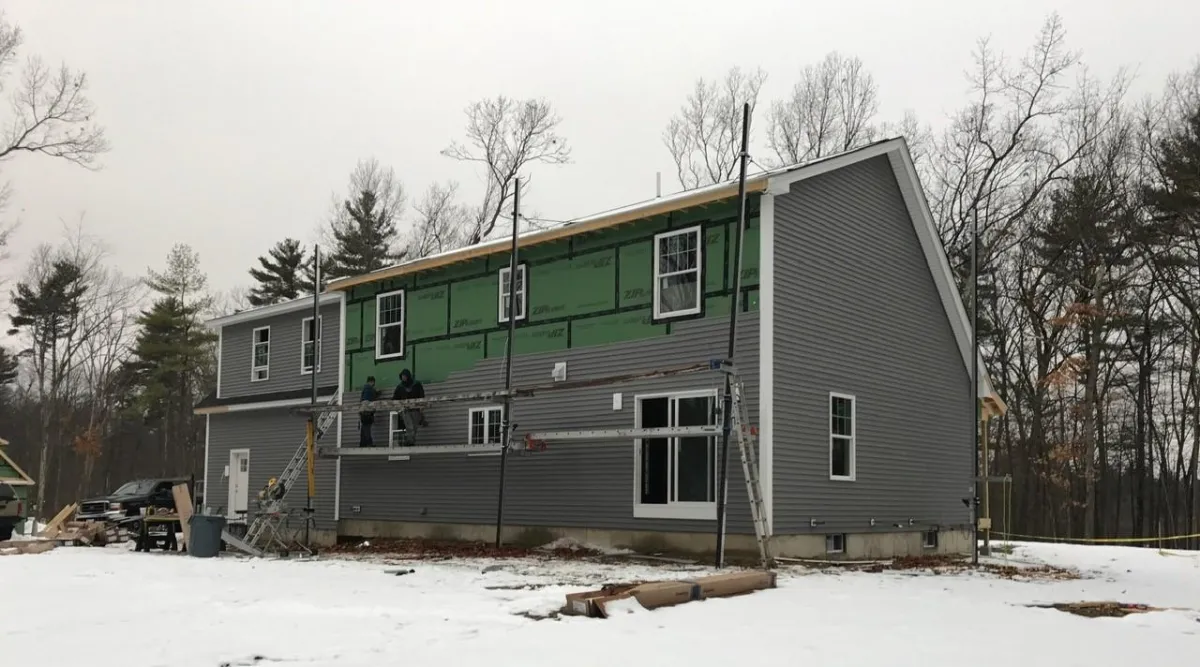 Vinyl siding installation in progress by McCarthy Exteriors LLC on a residential home in New Hampshire during winter construction season