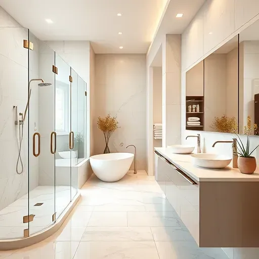 Renovated Arlington TX bathroom with walk-in shower, marble tiles, freestanding tub, quartz vanity, modern fixtures and décor