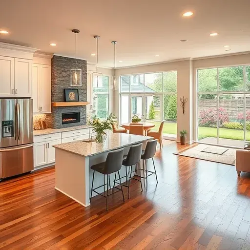 Home remodeling in Watauga TX featuring a modern kitchen with white cabinets, granite countertops, and a cozy living area.