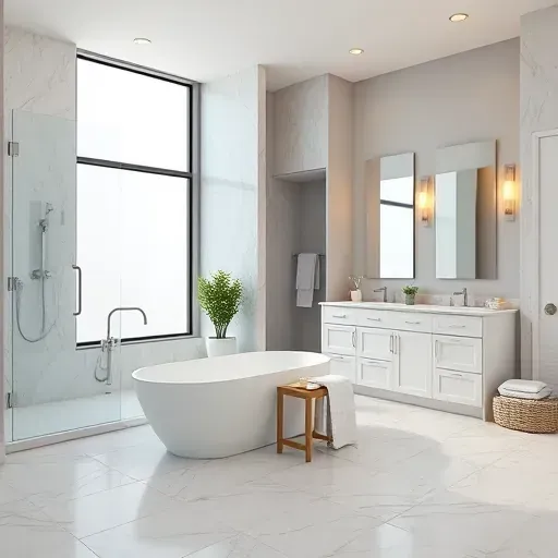 Bright modern renovated bathroom in Coppell TX with walk-in shower, soaking tub, double vanity, and natural lighting