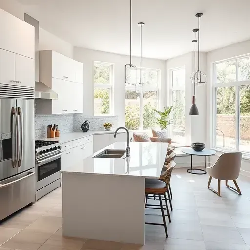 Modern kitchen remodel in Highland Village TX features white granite, navy cabinetry, and open layout with natural light.