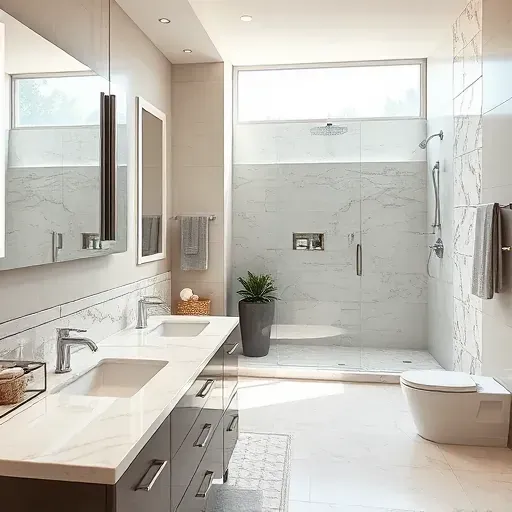 Renovated Haslet, TX bathroom with marble countertops, glass shower, modern fixtures, neutral tones, and natural light.