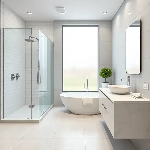 Modern Mansfield, TX bathroom with glass shower, marble vanity, freestanding tub, porcelain tile, and sleek design.