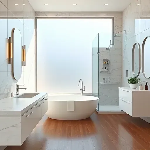 Remodeled bathroom in Haslet TX with marble countertops, glass shower, freestanding tub, neutral tiles, and modern decor