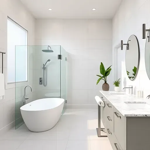 Renovated Grapevine bathroom with modern fixtures, walk-in shower, freestanding tub, marble vanity, lush greenery, soft natural light.