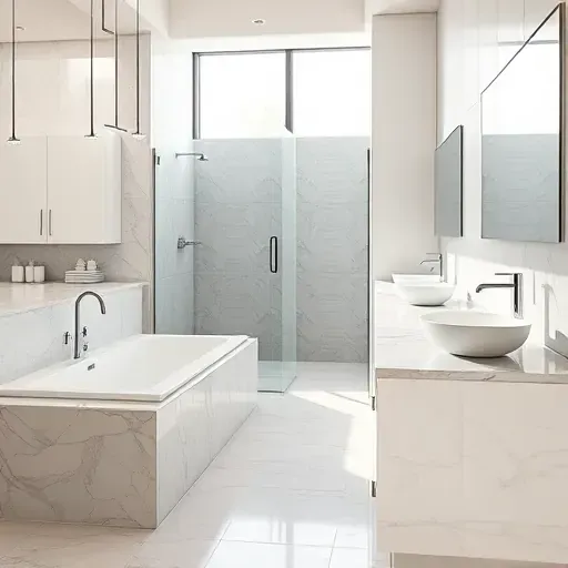 Luxurious Arlington bathroom with marble accents, glass shower, double vanity, natural light, neutral tones, and sleek modern fixtures