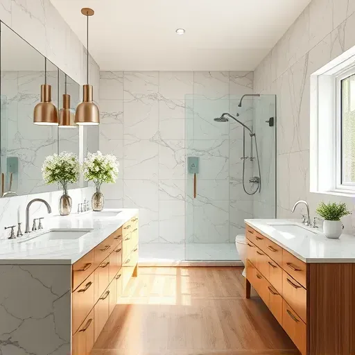 Remodeled Cedar Hill TX bathroom with marble countertops modern fixtures walk-in glass shower hardwood floors and natural lighting