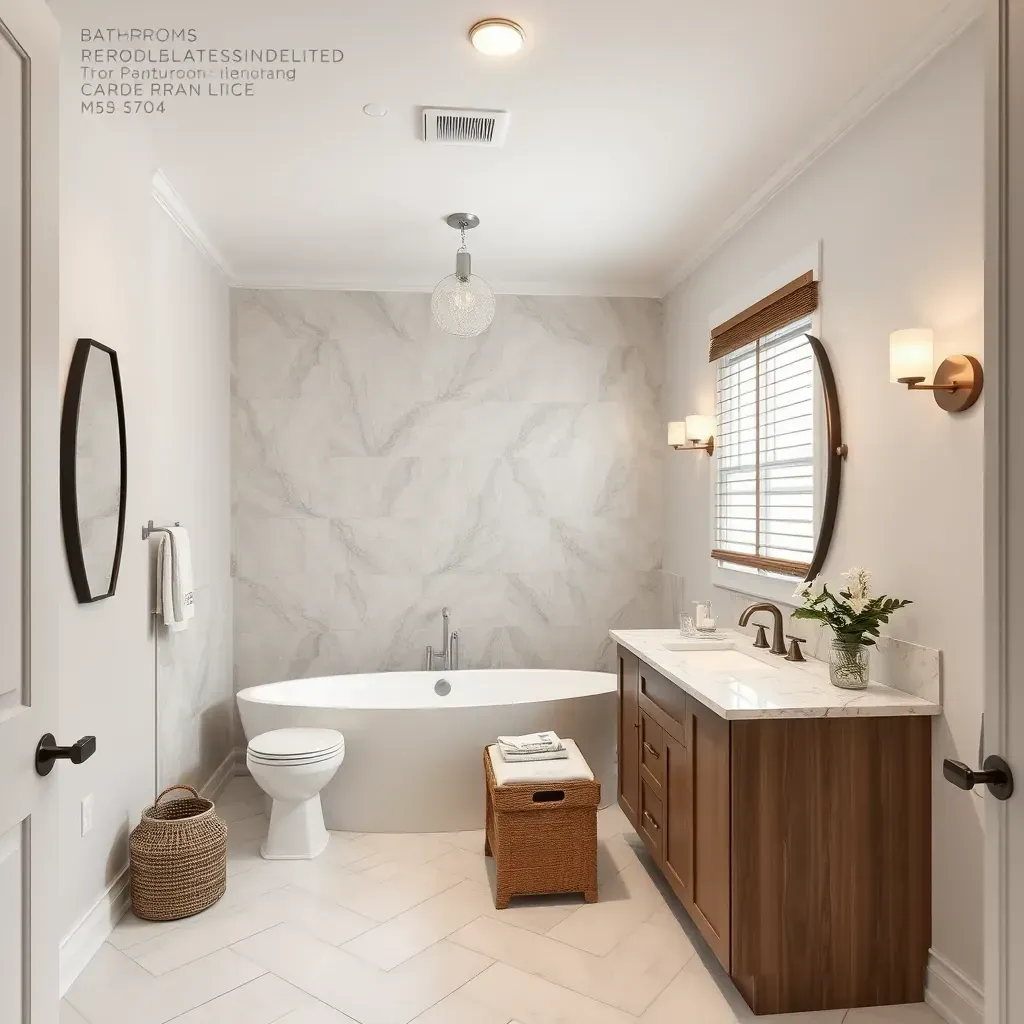 Remodeled bathroom in The Colony, TX featuring a walk-in shower with glass doors, freestanding tub, wooden vanity, and modern fixtures.