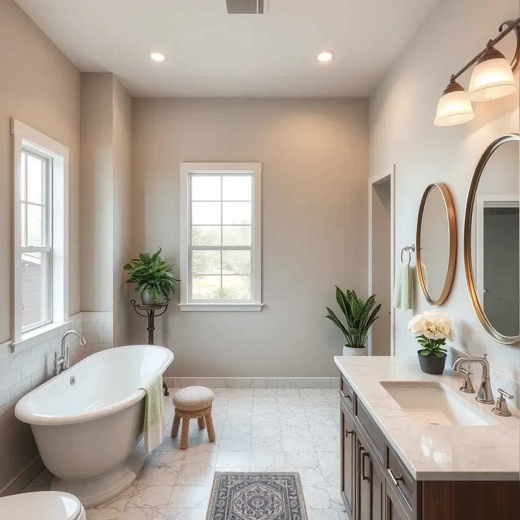 Modern bathroom in Haslet, TX with beige porcelain tiles, freestanding tub, glass shower, black fixtures, and natural light.