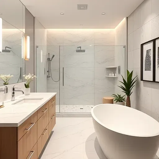Renovated Arlington bathroom featuring white marble, chrome fixtures, glass shower, and freestanding tub in elegant design.