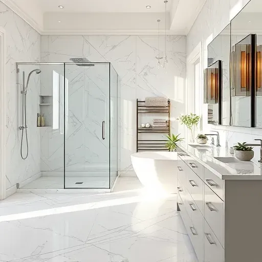 Renovated Westlake, TX bathroom with modern fixtures, walk-in shower, freestanding tub, marble vanity, and natural lighting.