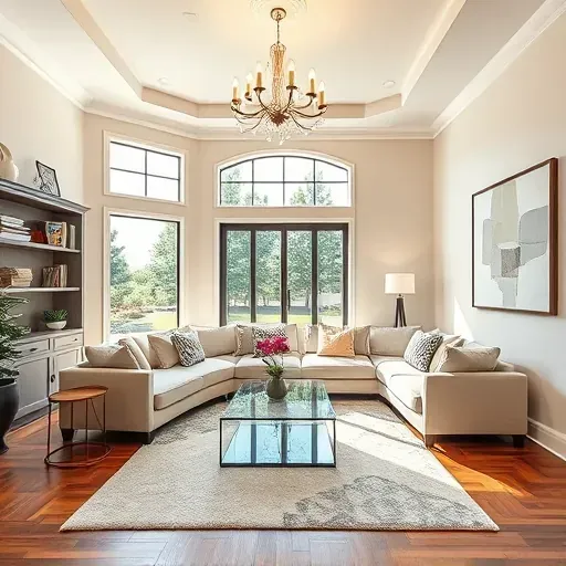 Modern living room in Colleyville TX featuring neutral tones, elegant chandelier, and sleek furniture showcasing home remodel.
