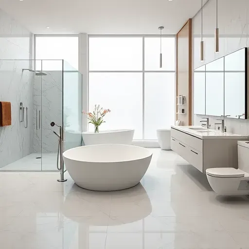 Recently remodeled modern bathroom in Arlington TX with marble shower, freestanding tub, double quartz vanity, and sleek fixtures