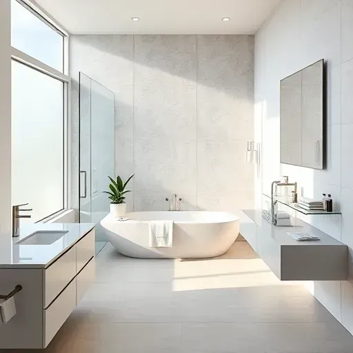 Renovated Highland Village TX bathroom with sleek modern design, frameless glass shower, marble countertops, and large tub