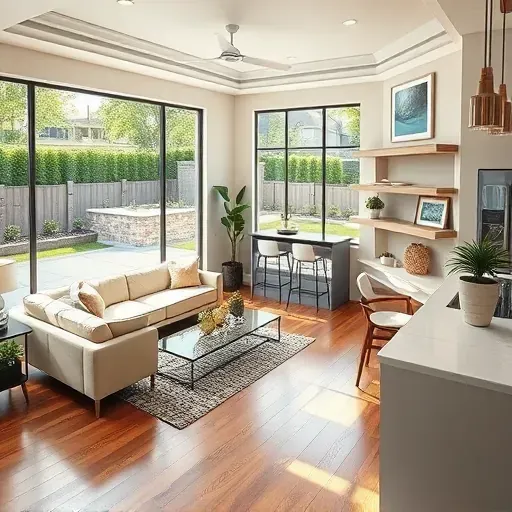Completed home remodel in The Colony, TX featuring modern interior, hardwood floors, sleek furniture, and a lush backyard.