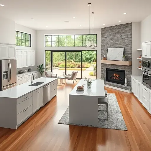 Modern open-concept living room in Grand Prairie TX featuring sleek kitchen, cozy fireplace, and bright, inviting decor.