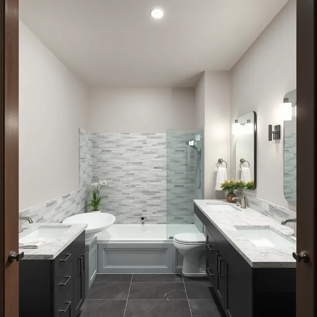 Modern bathroom in Coppell, TX featuring a double vanity, walk-in shower, soaking tub, neutral tones, black fixtures, and natural light.