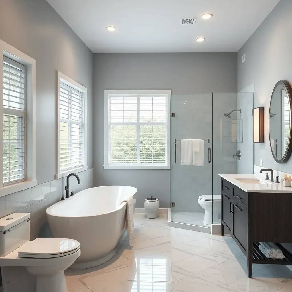 Modern bathroom in Plano, TX featuring neutral tones, a glass-enclosed shower, floating vanity, soaking tub, and elegant fixtures.