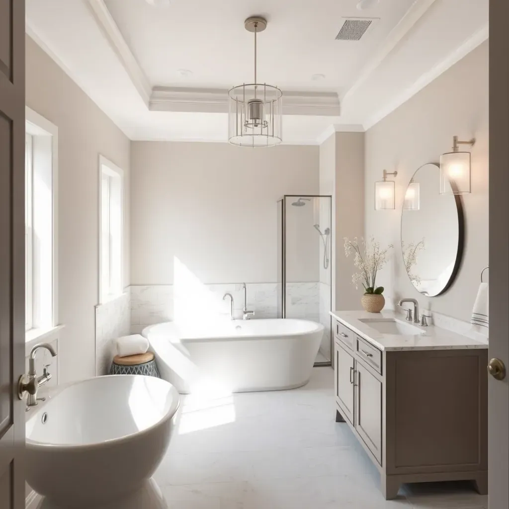Modern bathroom remodeling in Bedford, TX with sleek fixtures, marble counters, glass shower, and natural lighting.
