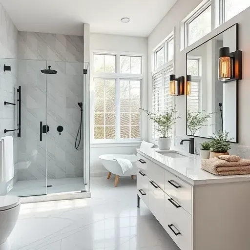 Renovated modern bathroom in Burleson TX with matte black fixtures, walk-in glass shower, double vanity, and natural light