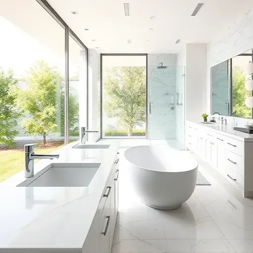 Modern Frisco bathroom with white marble, freestanding tub, glass shower, minimalist cabinetry, and lush outdoor view.